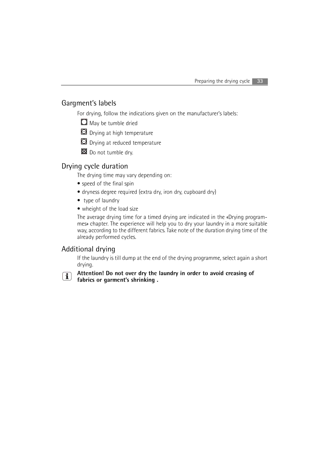 AEG 16850 user manual Gargment’s labels, Drying cycle duration, Additional drying 