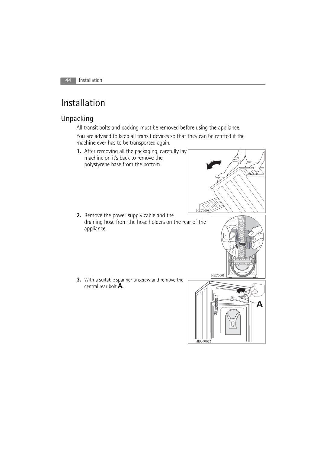 AEG 16850 user manual Installation, Unpacking 