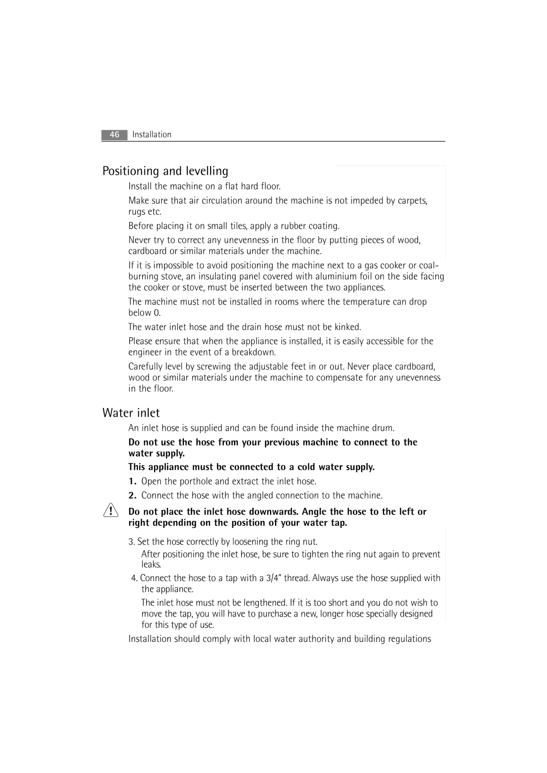 AEG 16850 user manual Positioning and levelling, Water inlet 