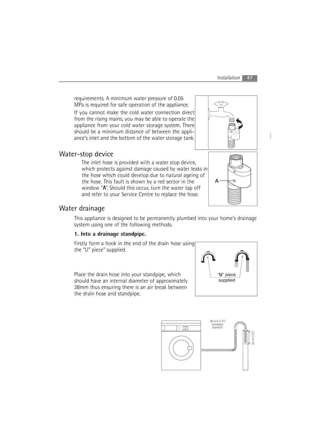 AEG 16850 user manual Water-stop device, Water drainage 