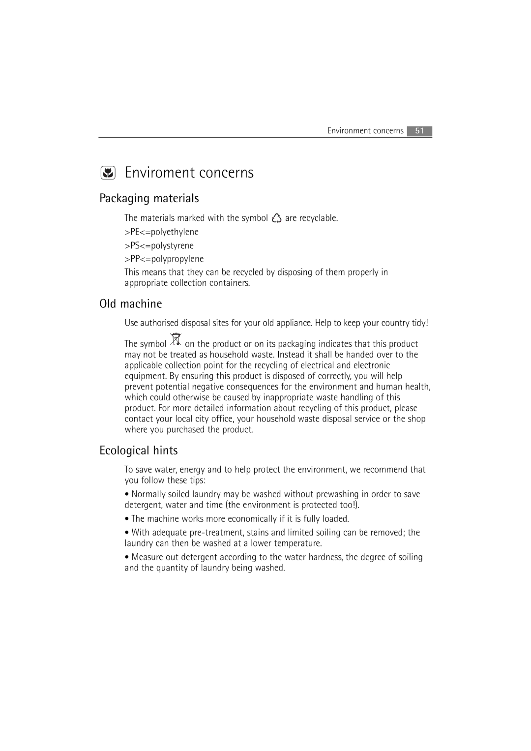 AEG 16850 user manual Enviroment concerns, Packaging materials, Old machine, Ecological hints 