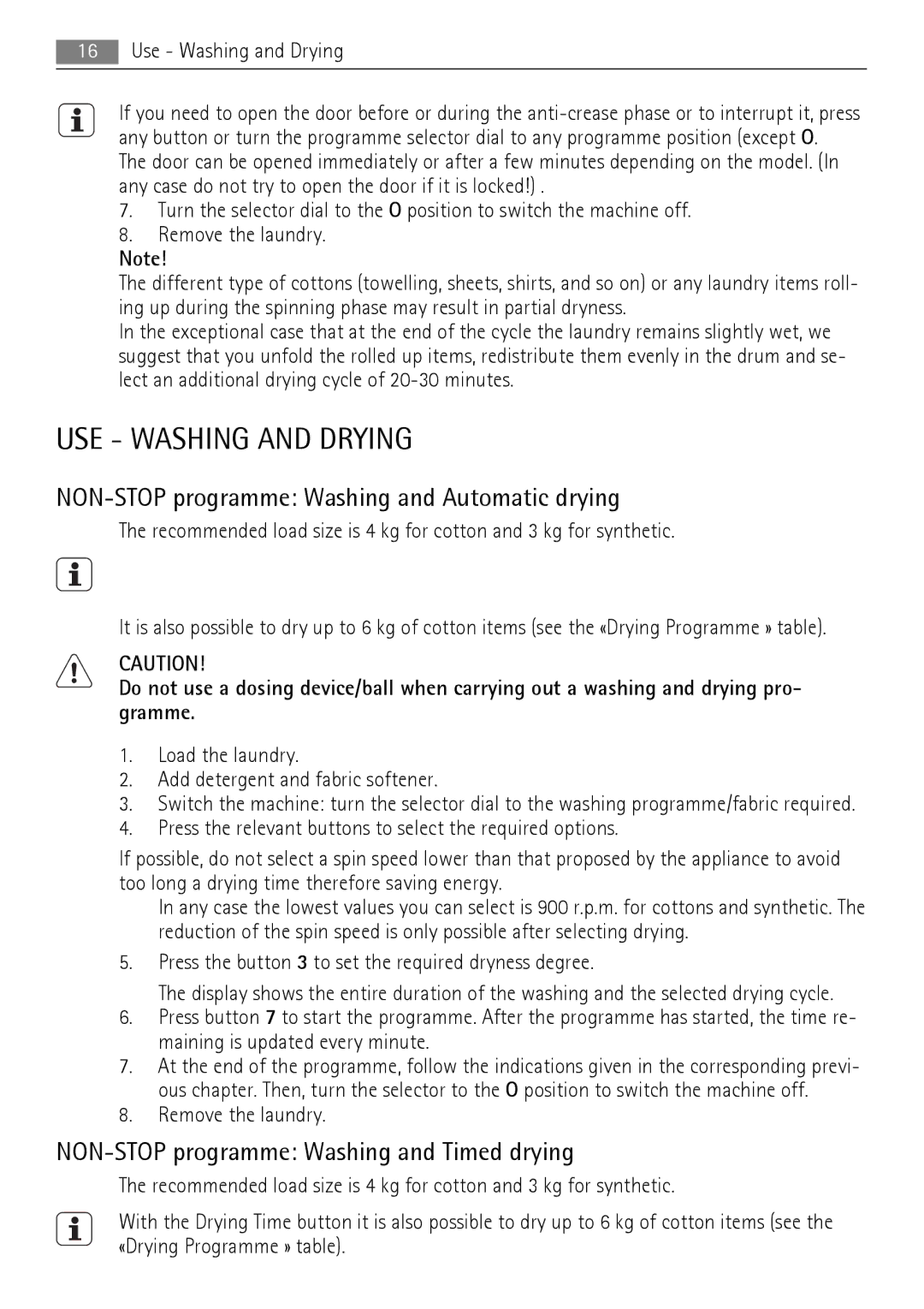 AEG 16950A3 user manual USE Washing and Drying, NON-STOP programme Washing and Automatic drying 