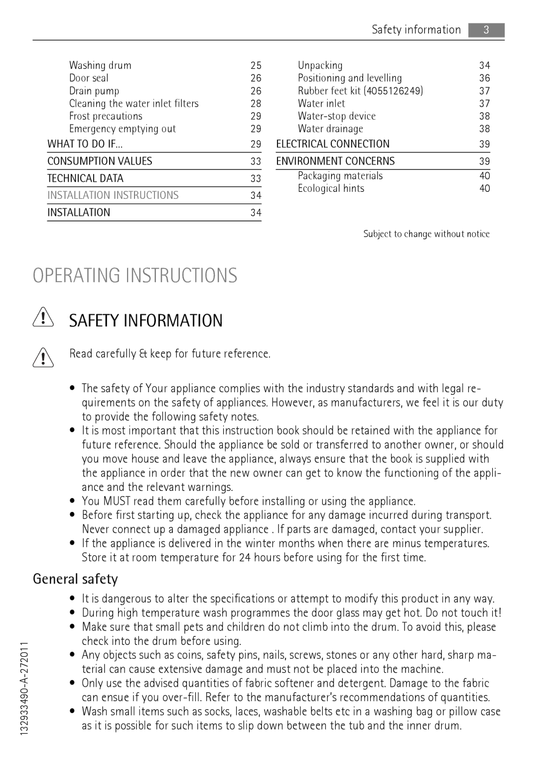 AEG 16950A3 user manual Safety Information, General safety, Packaging materials Ecological hints, 132933490-A-272011 