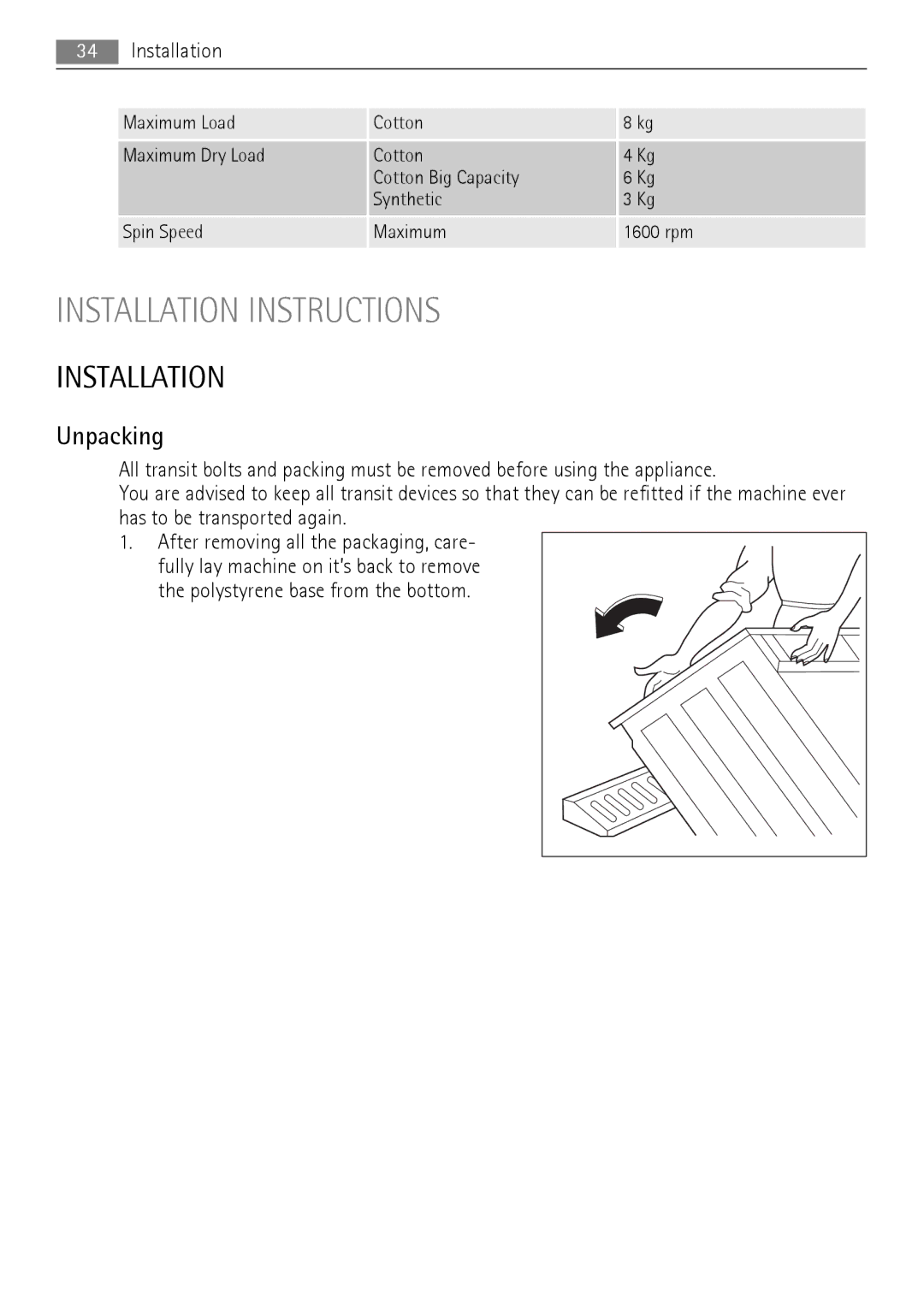 AEG 16950A3 user manual Installation, Unpacking 