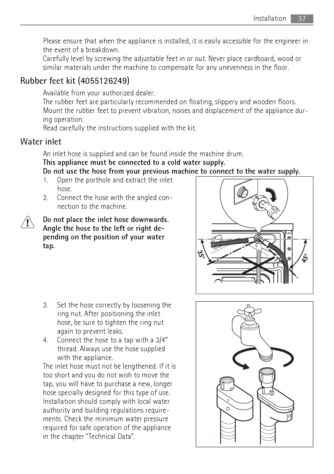 AEG 16950A3 user manual Rubber feet kit, Water inlet, Set the hose correctly by loosening 