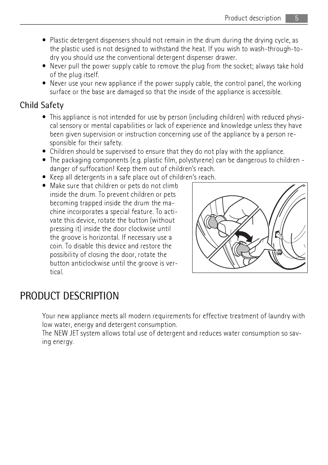 AEG 16950A3 user manual Product Description, Child Safety, Keep all detergents in a safe place out of children’s reach 