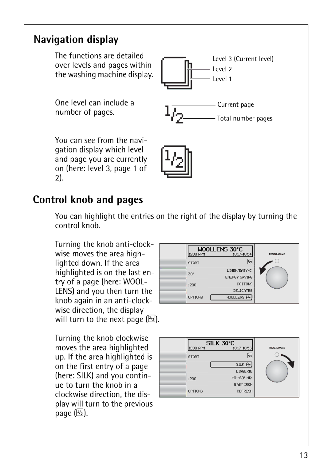 AEG 1850 manual Navigation display, Control knob and pages 