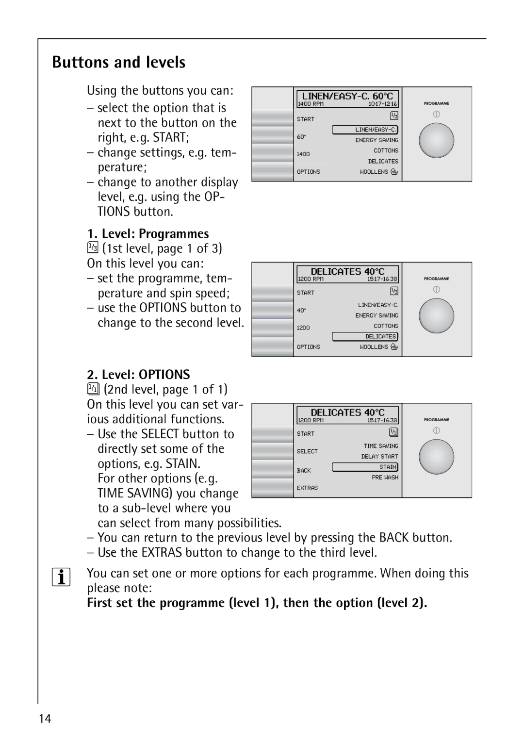 AEG 1850 manual Buttons and levels, Level Options, First set the programme level 1, then the option level 