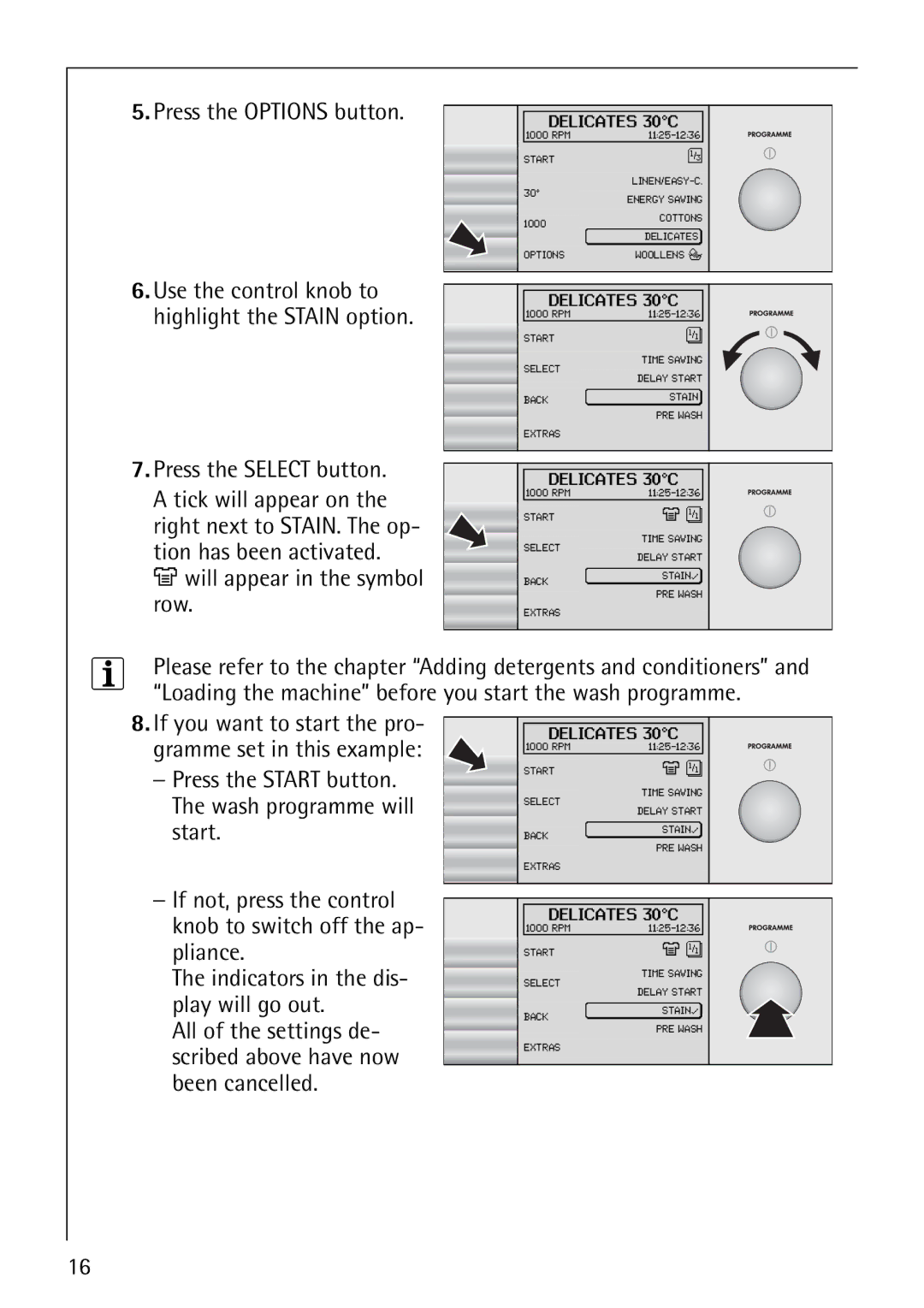 AEG 1850 Tion has been activated Will appear in the symbol row, Press the Start button. The wash programme will start 