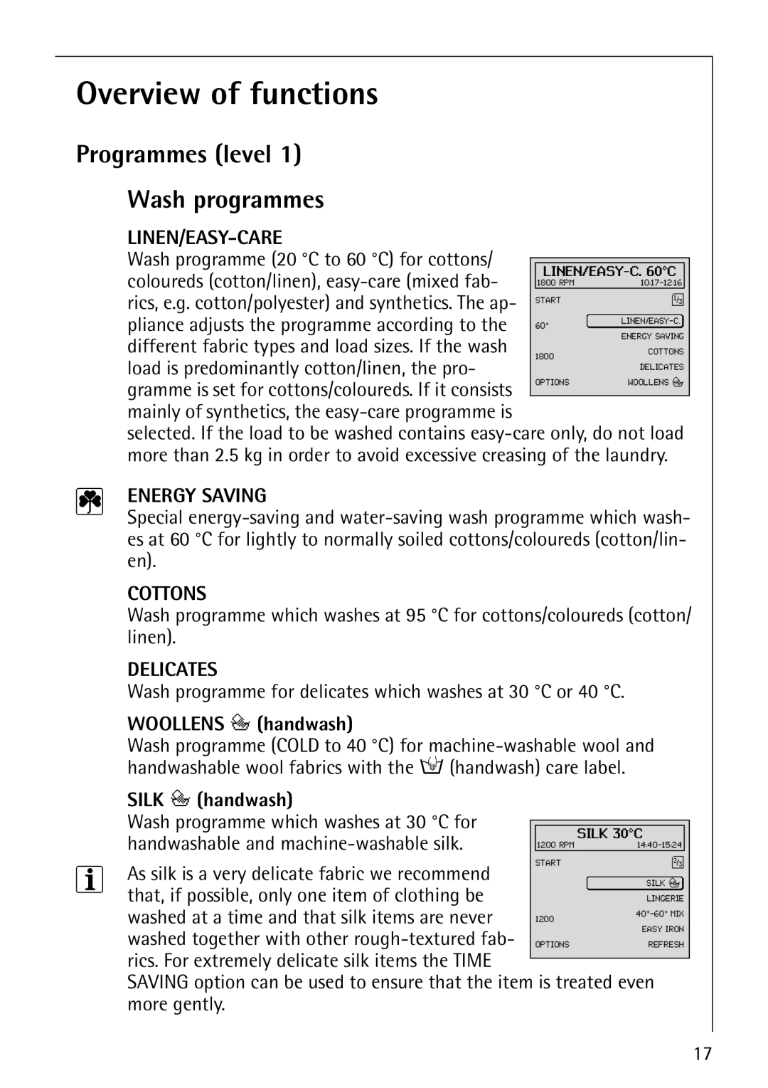 AEG 1850 manual Overview of functions, Programmes level Wash programmes, Woollens H handwash, Silk H handwash 