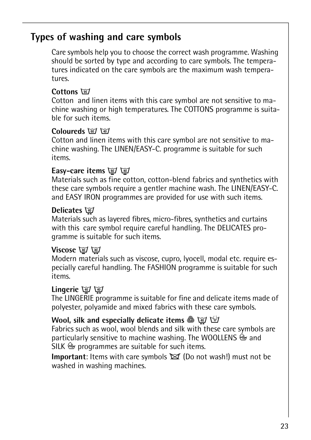 AEG 1850 manual Types of washing and care symbols 