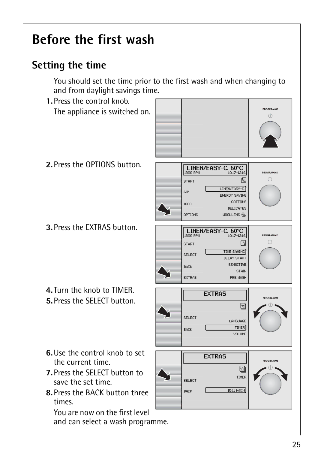 AEG 1850 manual Before the first wash, Setting the time 