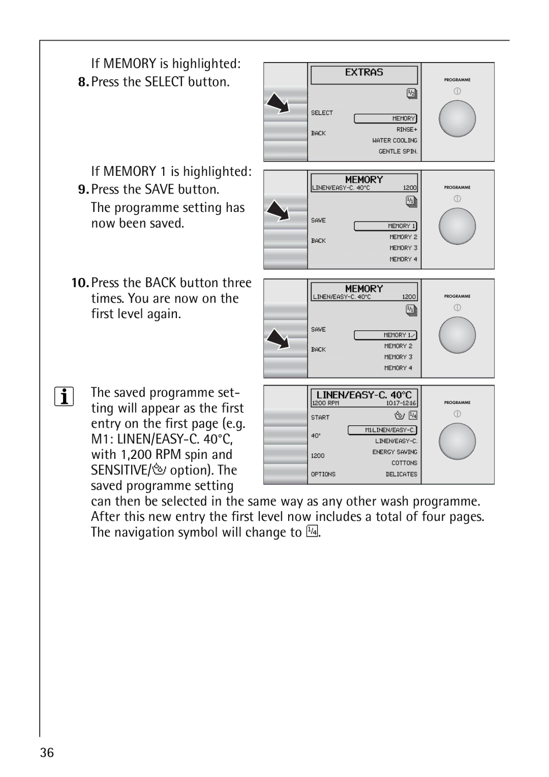 AEG 1850 manual If Memory is highlighted Press the Select button, Saved programme set 