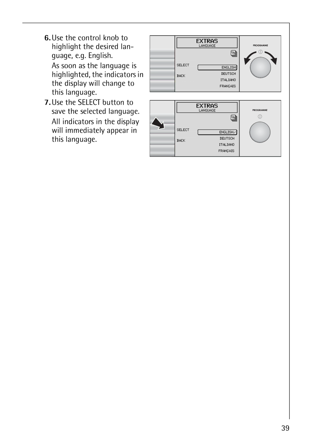 AEG 1850 manual Select English Back DEUTSCH§ ITALIANO§ FRANÇAIS§ Extras 