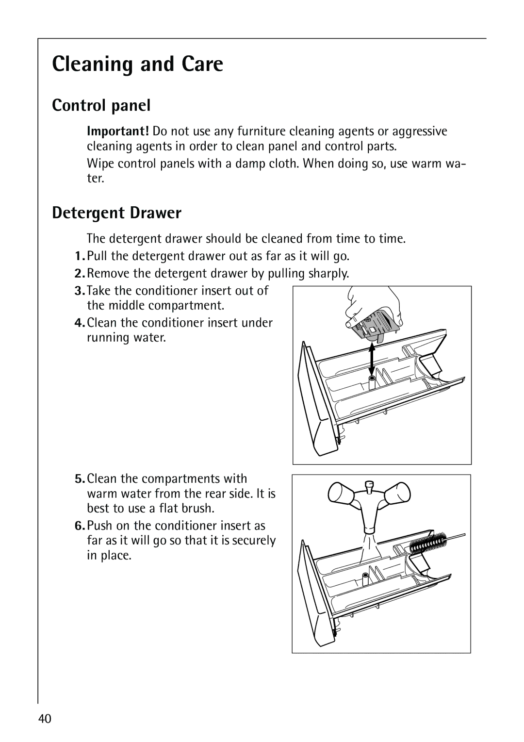 AEG 1850 manual Cleaning and Care, Control panel, Detergent Drawer 