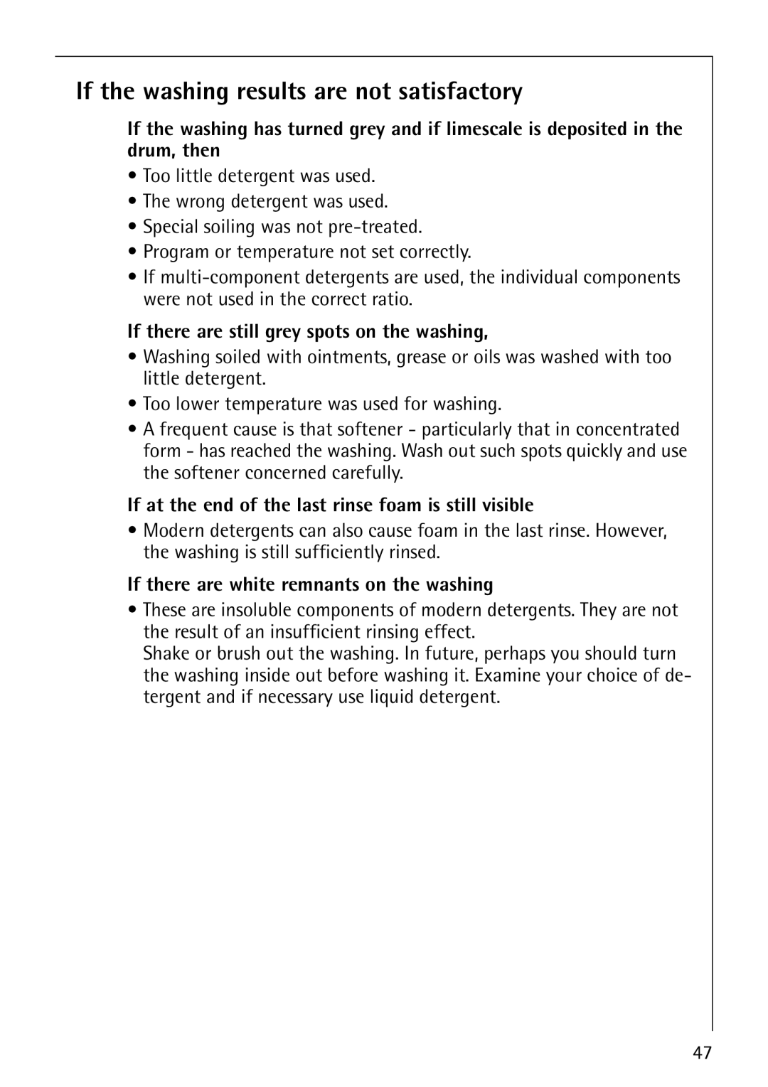 AEG 1850 manual If the washing results are not satisfactory, If there are still grey spots on the washing 