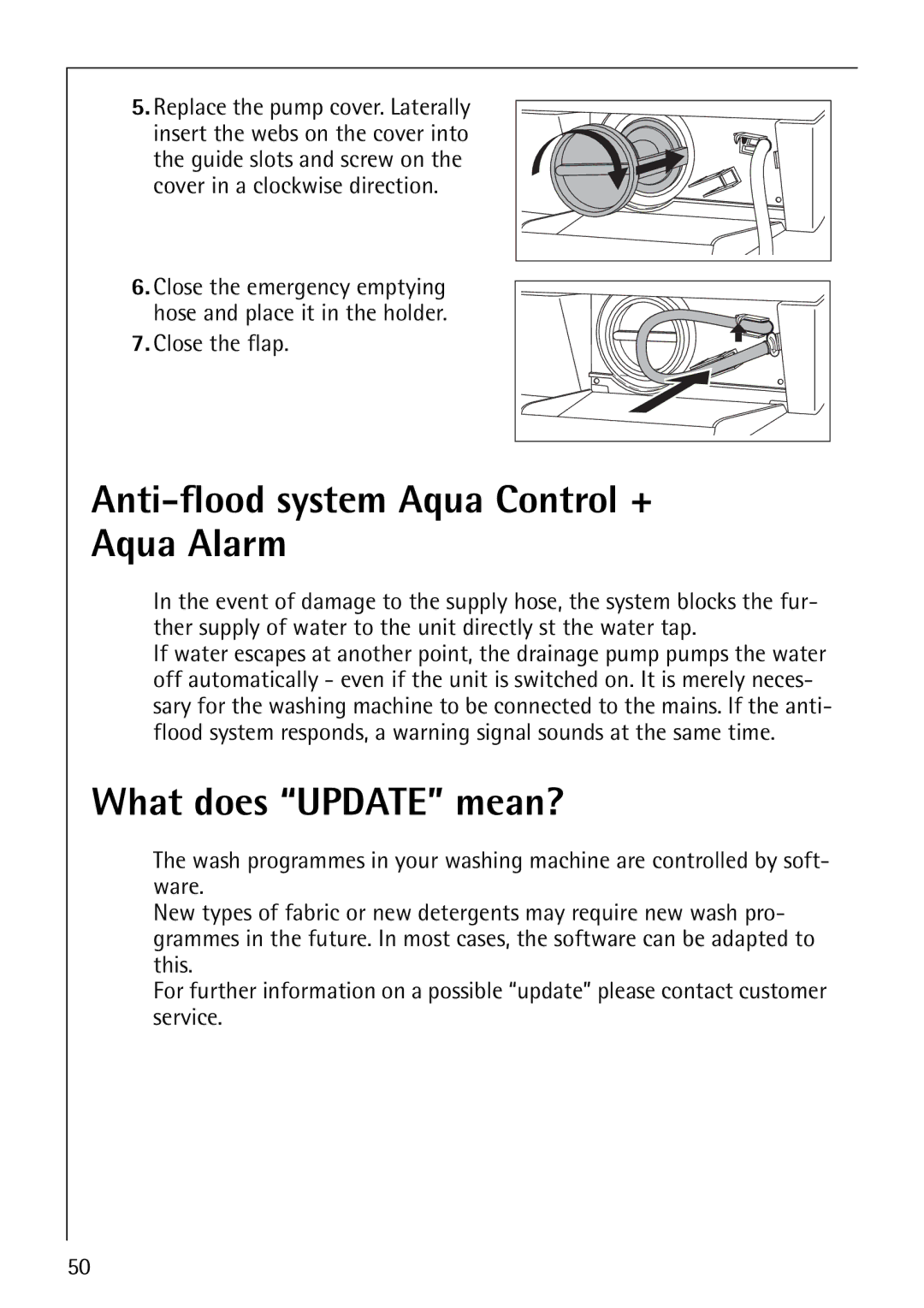 AEG 1850 manual Anti-flood system Aqua Control + Aqua Alarm, What does Update mean?, Close the flap 