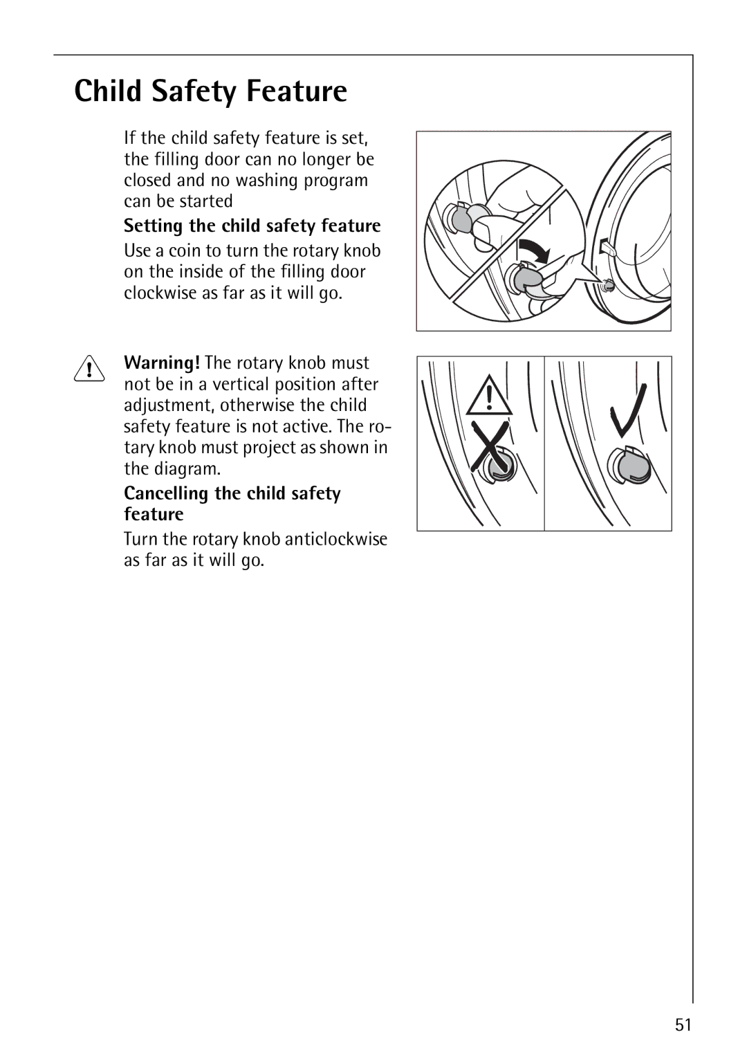 AEG 1850 manual Child Safety Feature, Setting the child safety feature, Cancelling the child safety feature 