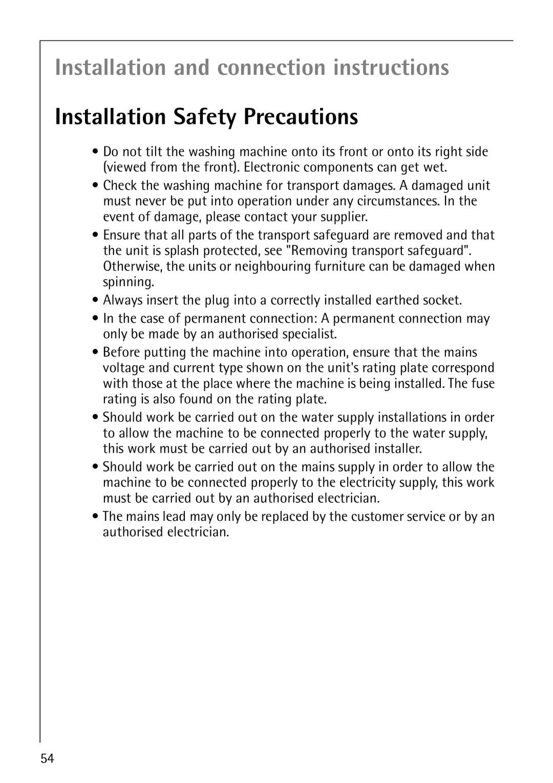 AEG 1850 manual Installation and connection instructions, Installation Safety Precautions 