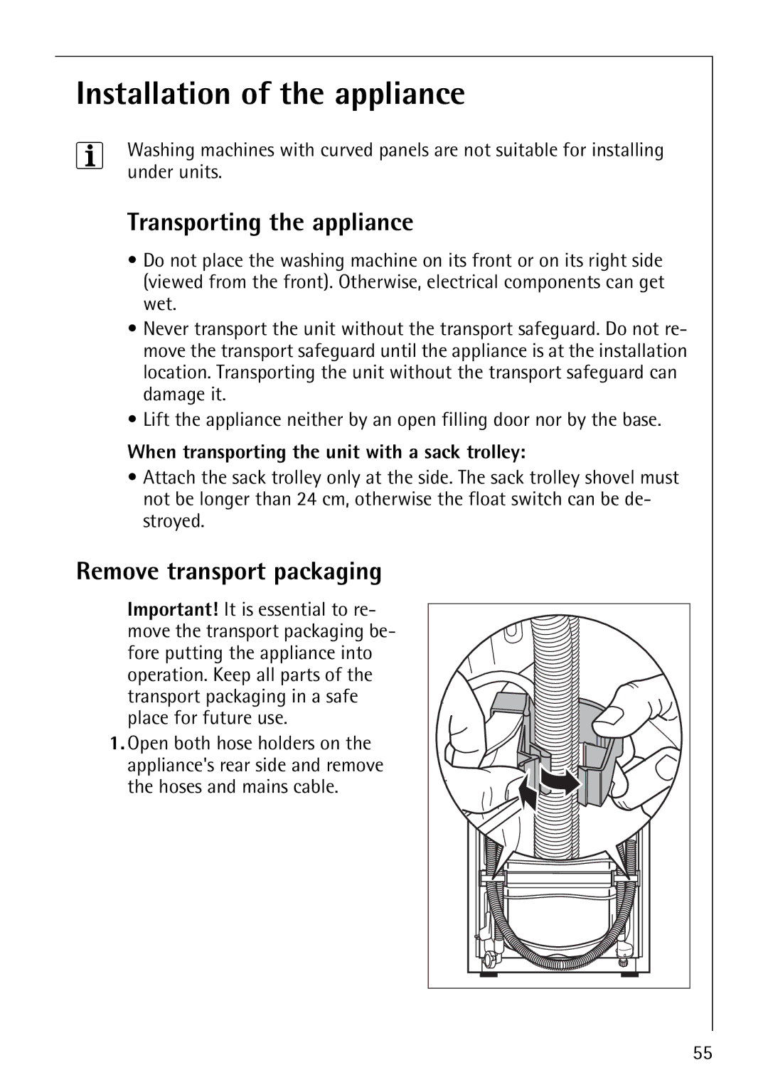 AEG 1850 manual Installation of the appliance, Transporting the appliance, Remove transport packaging 