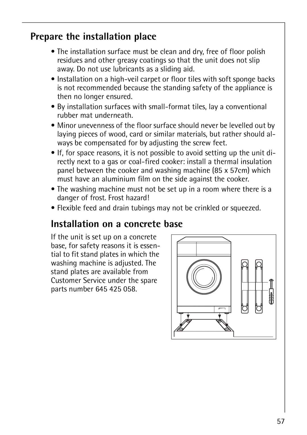 AEG 1850 manual Prepare the installation place, Installation on a concrete base 