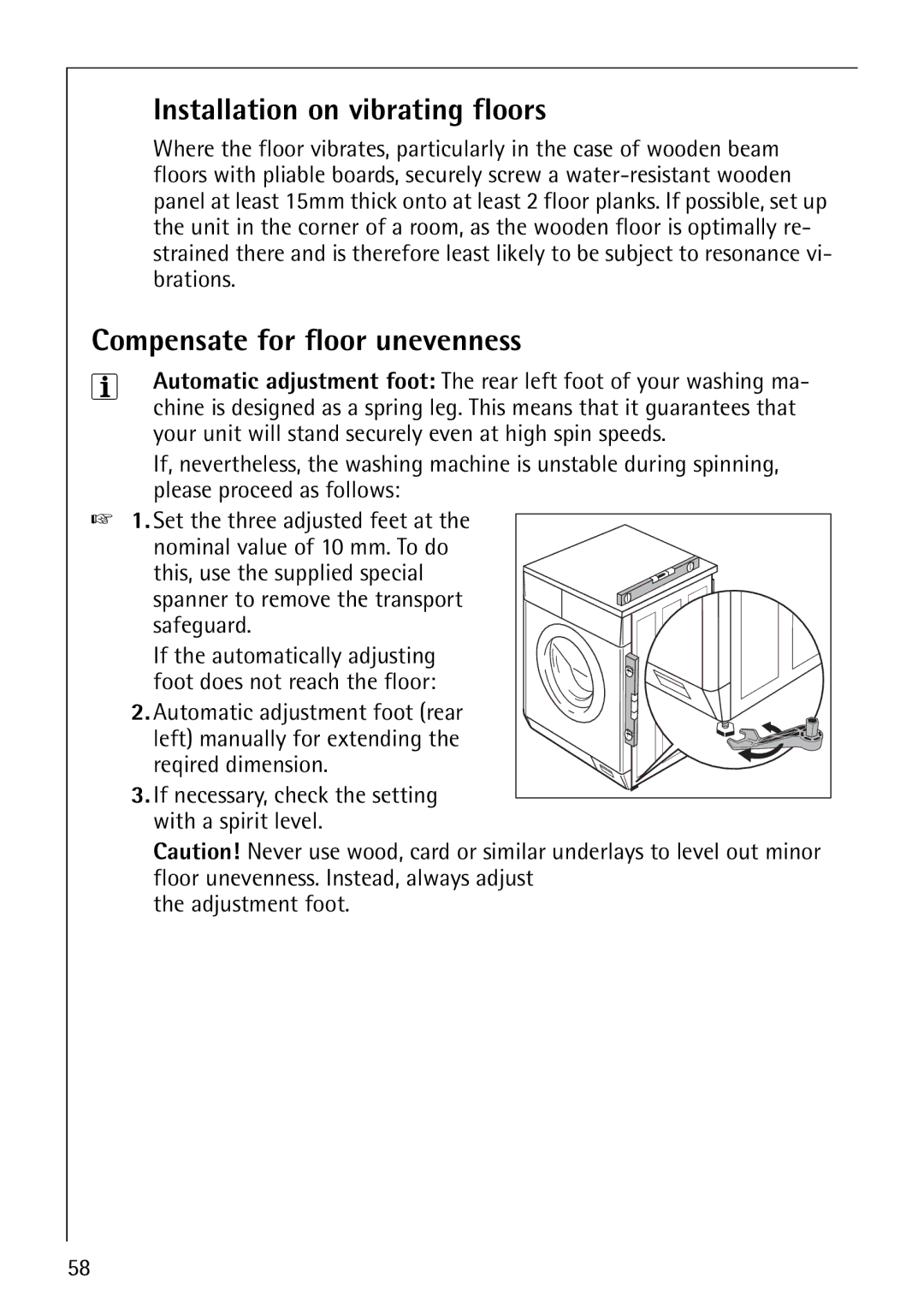 AEG 1850 manual Installation on vibrating floors, Compensate for floor unevenness 