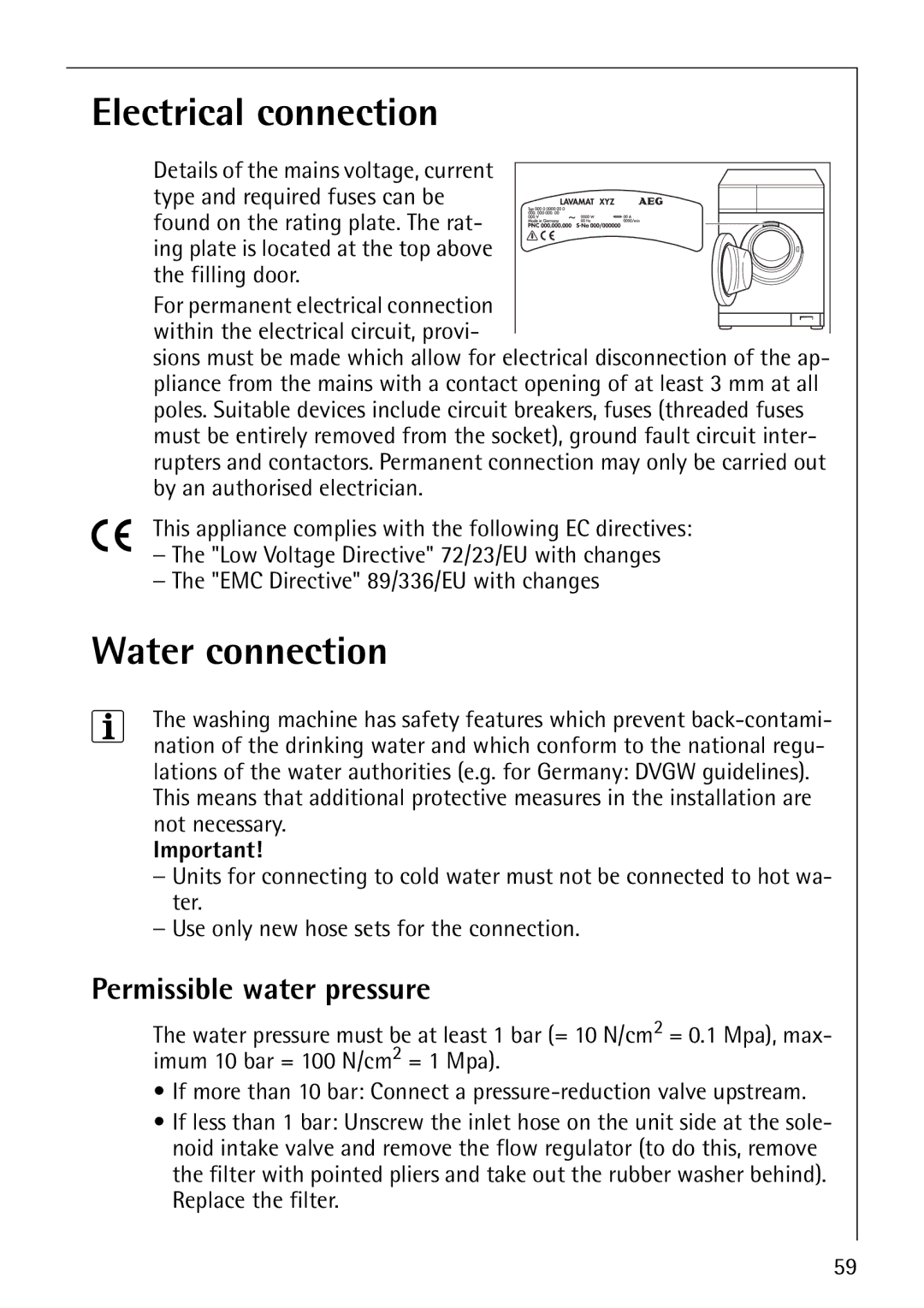 AEG 1850 manual Electrical connection, Water connection, Permissible water pressure 