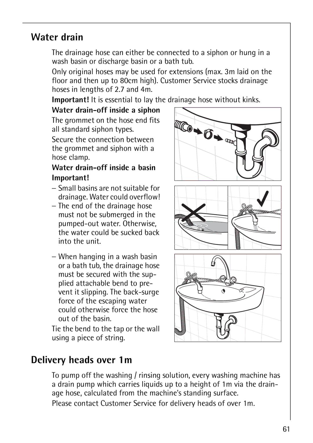 AEG 1850 manual Delivery heads over 1m, Water drain-off inside a siphon, Water drain-off inside a basin 