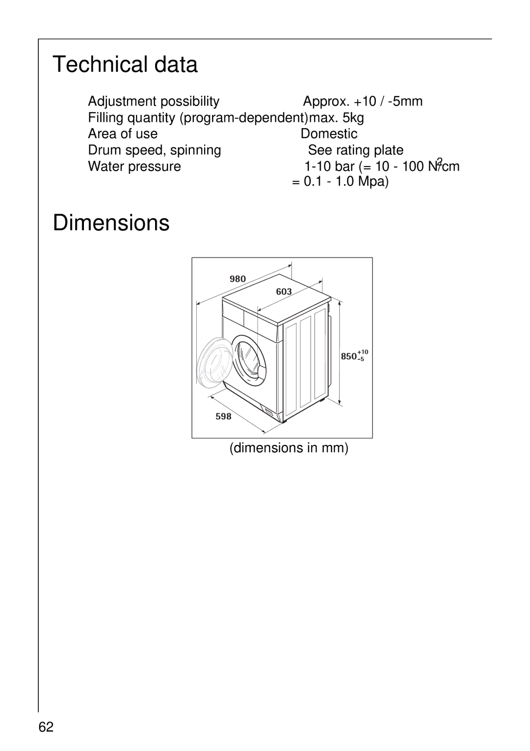 AEG 1850 manual Technical data, = 0.1 1.0 Mpa, Dimensions in mm 