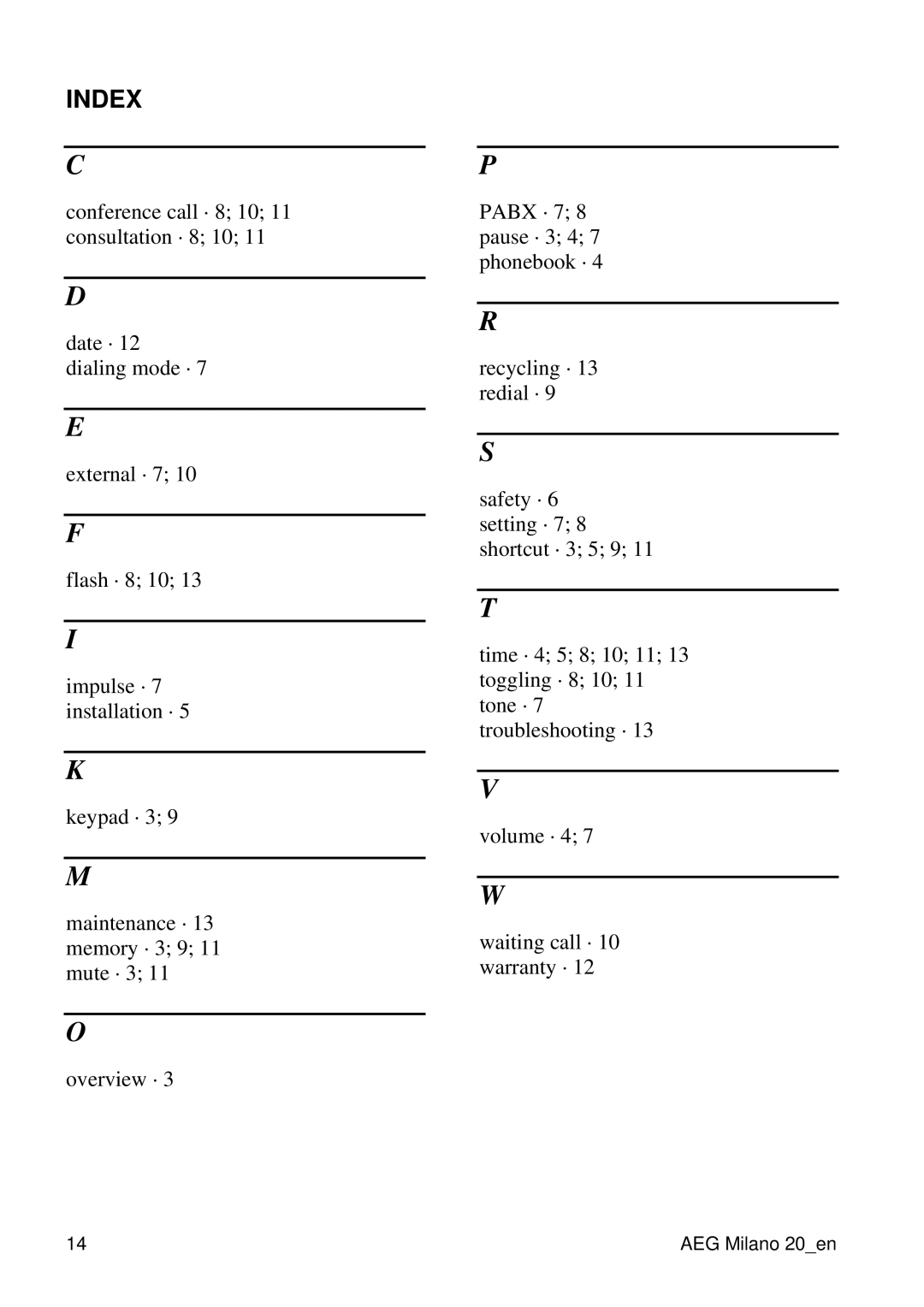 AEG 20 user manual Index 