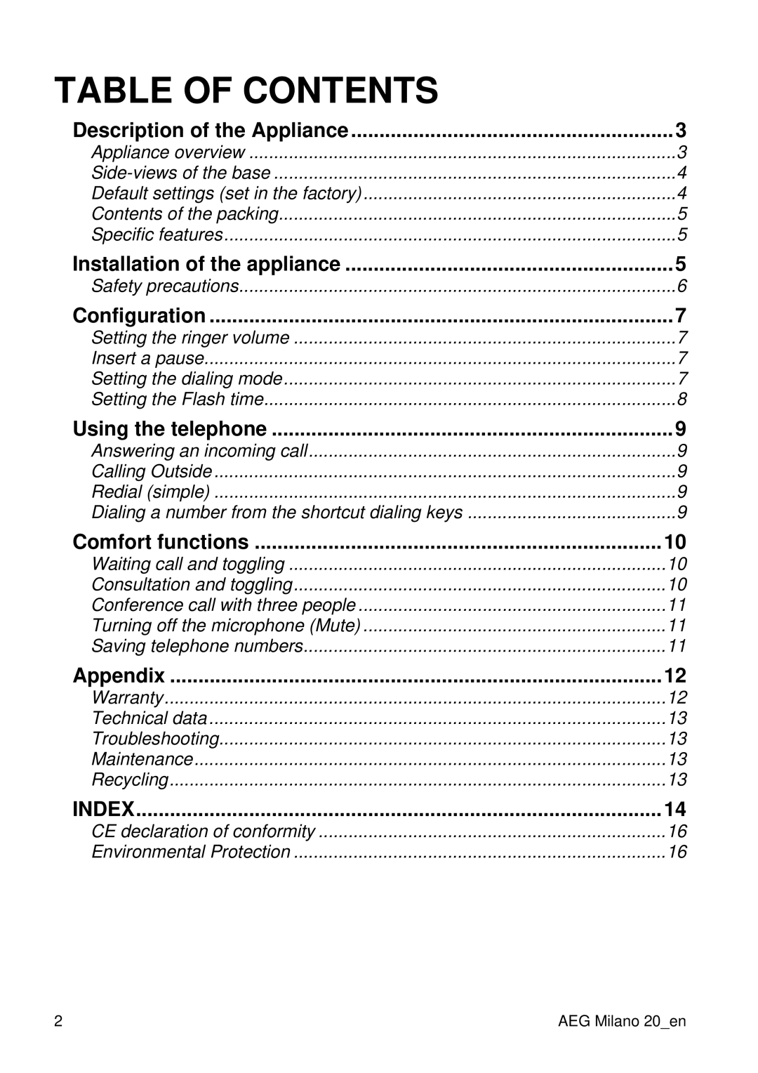 AEG 20 user manual Table of Contents 