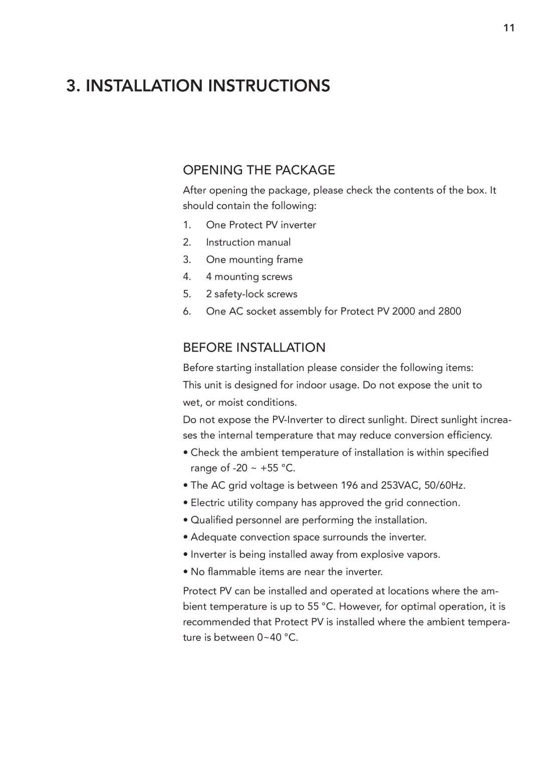 AEG PV 2000 operating instructions Installation Instructions, Before Installation 