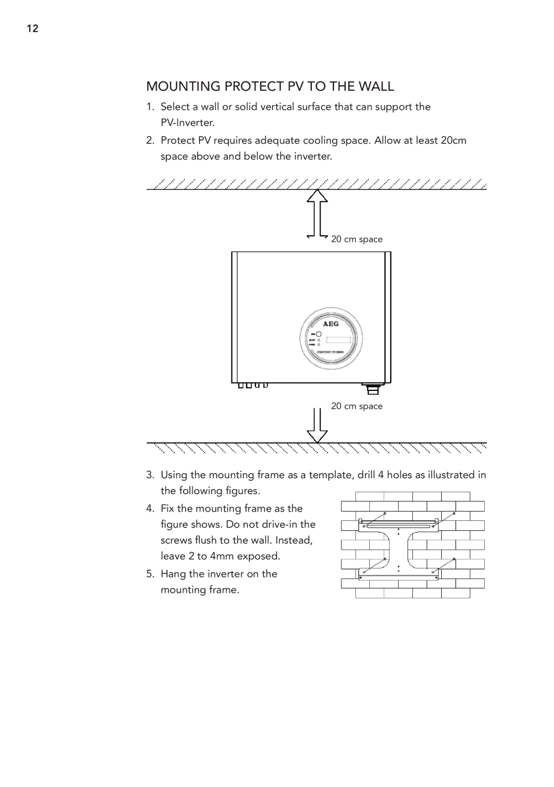 AEG PV 2000 operating instructions Mounting Protect PV to the wall 