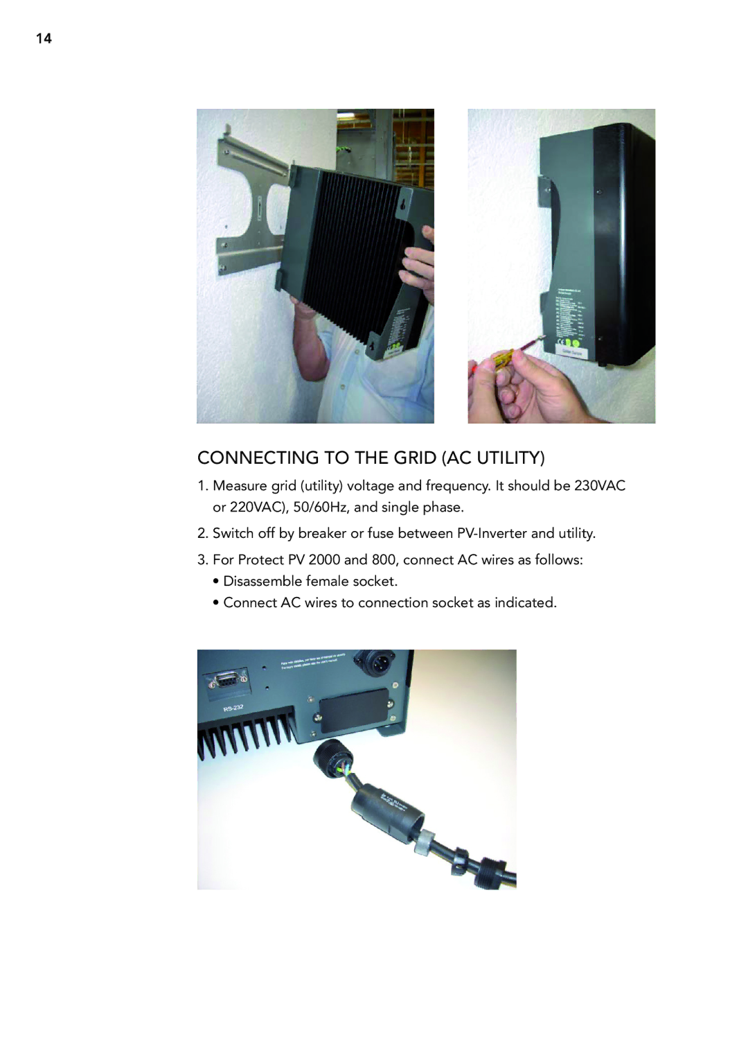 AEG PV 2000 operating instructions Connecting to the grid AC utility 