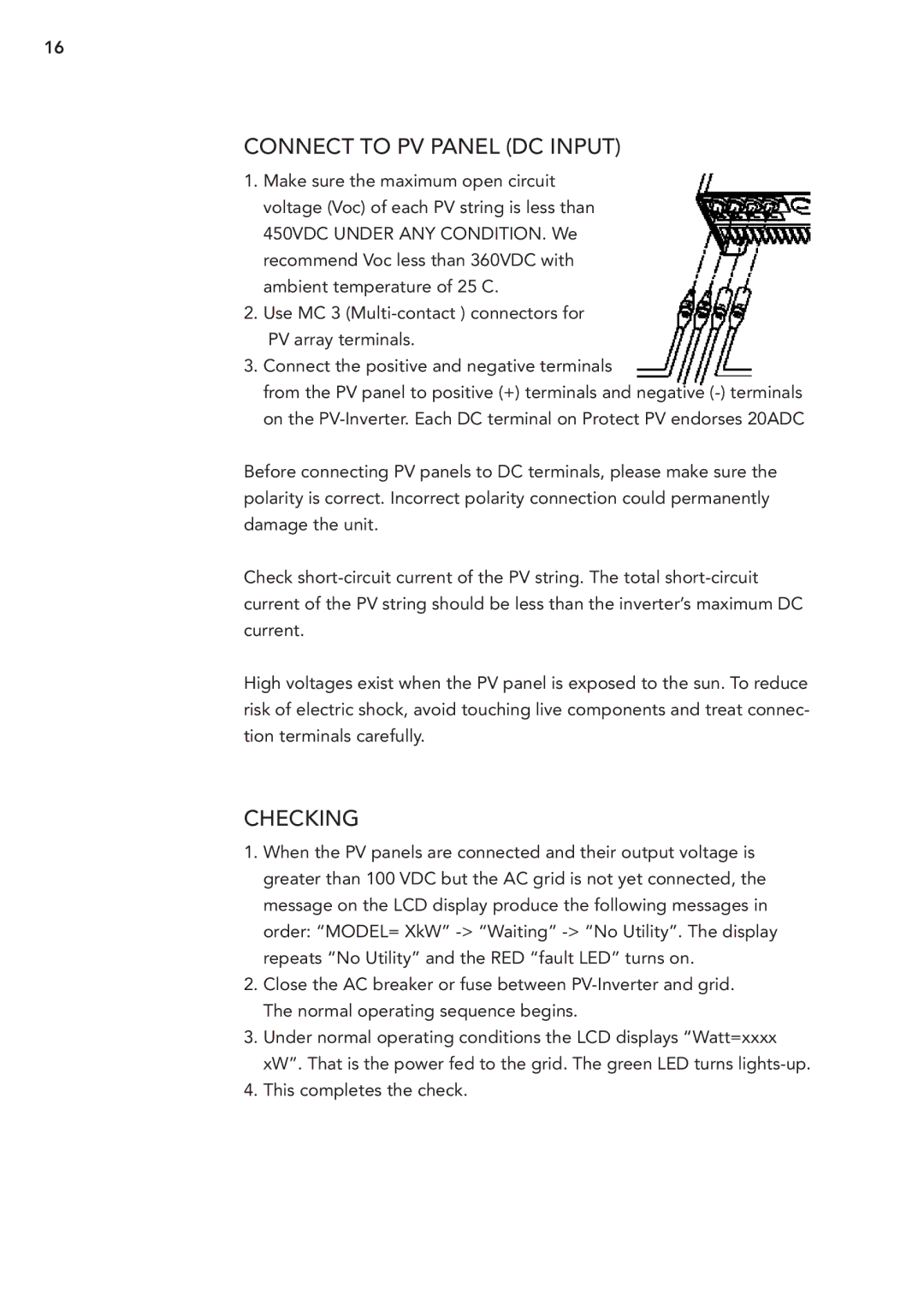 AEG PV 2000 operating instructions Connect to PV Panel DC input, Checking 