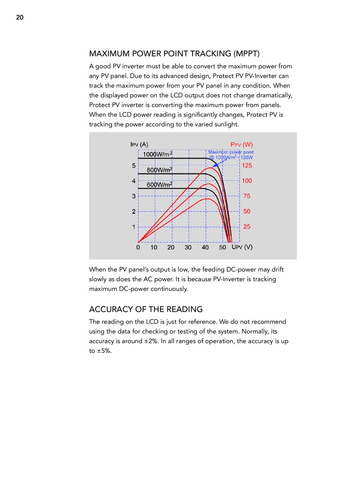 AEG PV 2000 operating instructions Maximum power point trackinG mppt, Accuracy of the readinG 