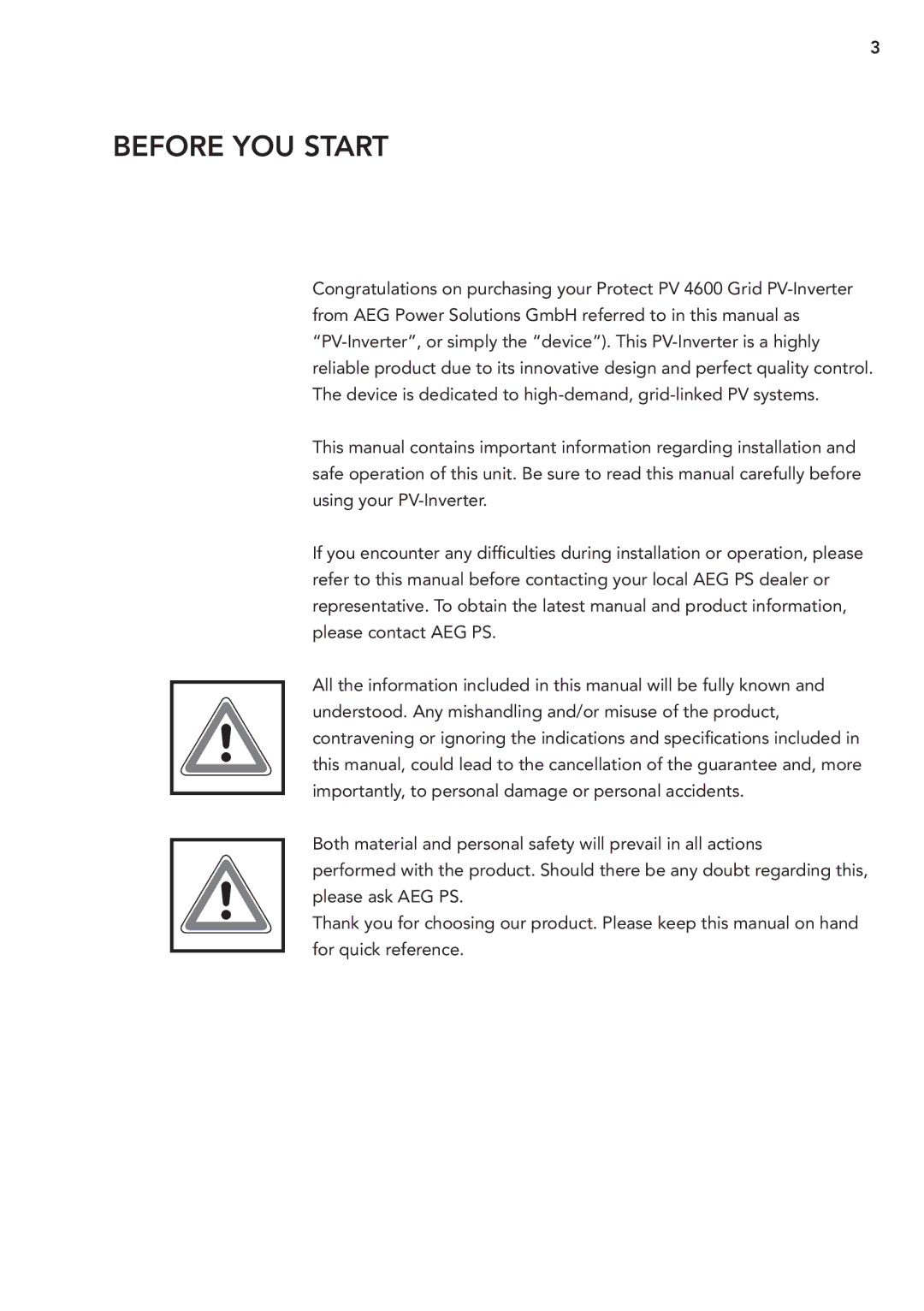 AEG PV 2000 operating instructions BEFORe you start 