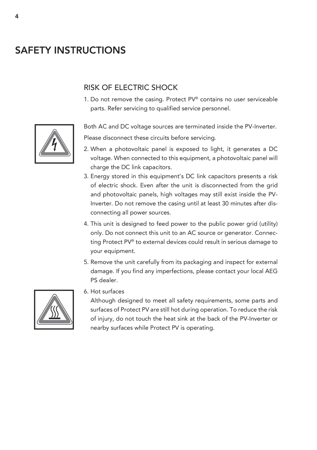 AEG PV 2000 operating instructions Safety instructions, Risk of electric shock 