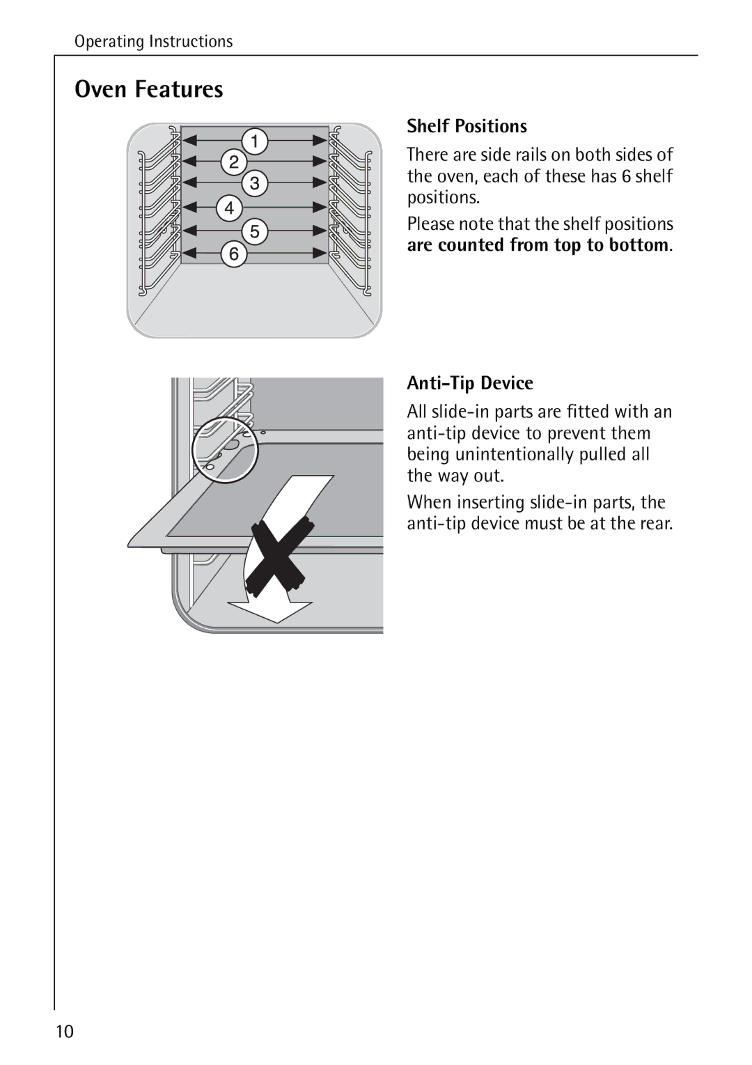 AEG 2003 F operating instructions Oven Features, Shelf Positions, Anti-Tip Device 