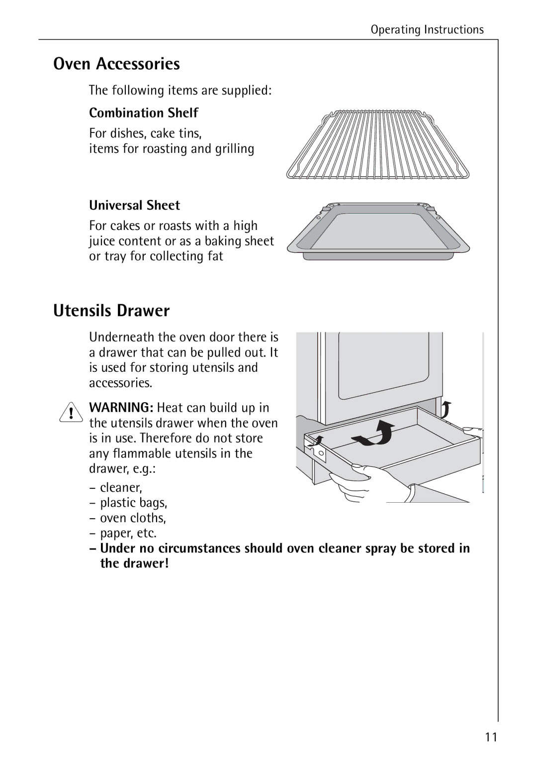 AEG 2003 F operating instructions Oven Accessories, Utensils Drawer, Combination Shelf, Universal Sheet 