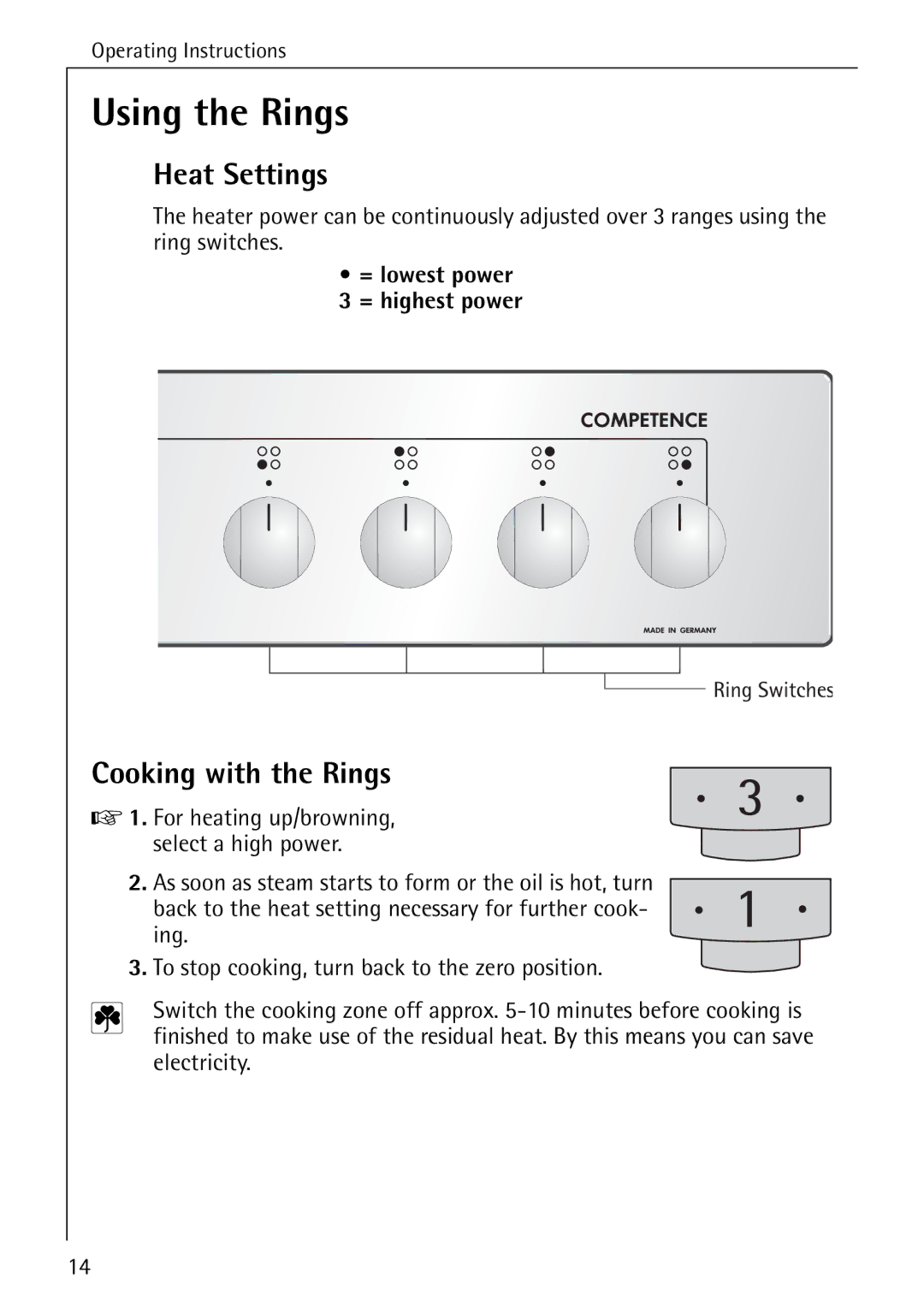 AEG 2003 F operating instructions Using the Rings, Heat Settings, Cooking with the Rings, = lowest power = highest power 