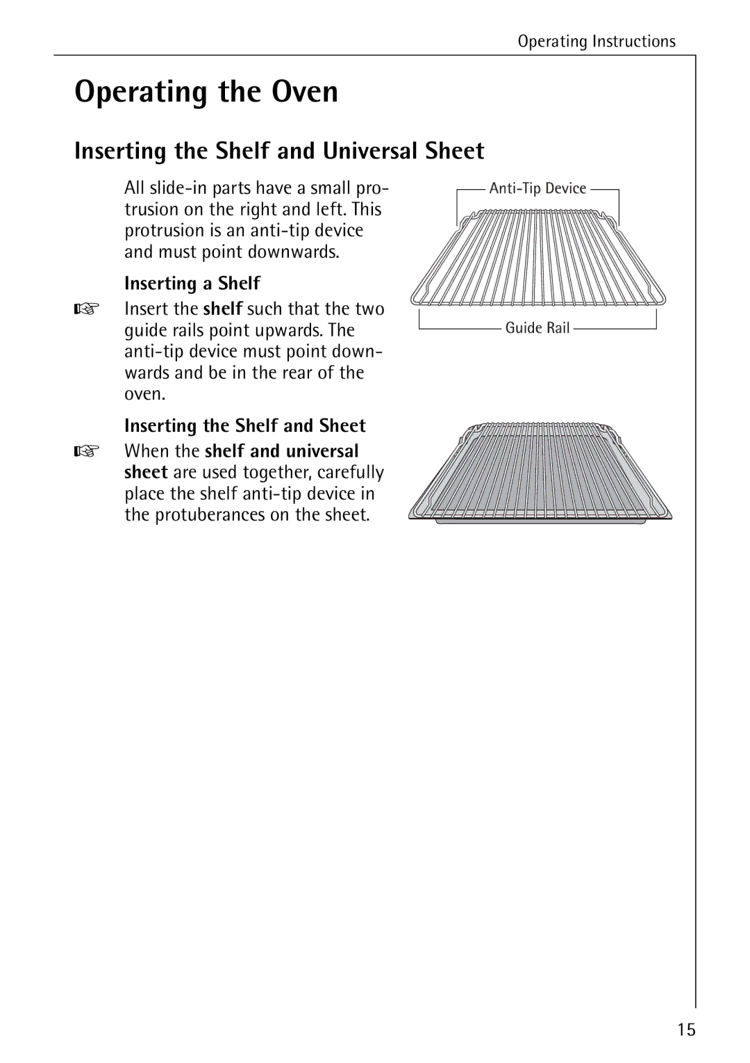 AEG 2003 F Operating the Oven, Inserting the Shelf and Universal Sheet, Inserting a Shelf, Inserting the Shelf and Sheet 