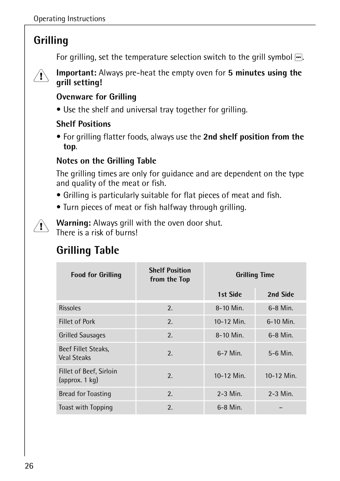 AEG 2003 F Grilling Table, Grill setting, Ovenware for Grilling, Food for Grilling Shelf Position Grilling Time 