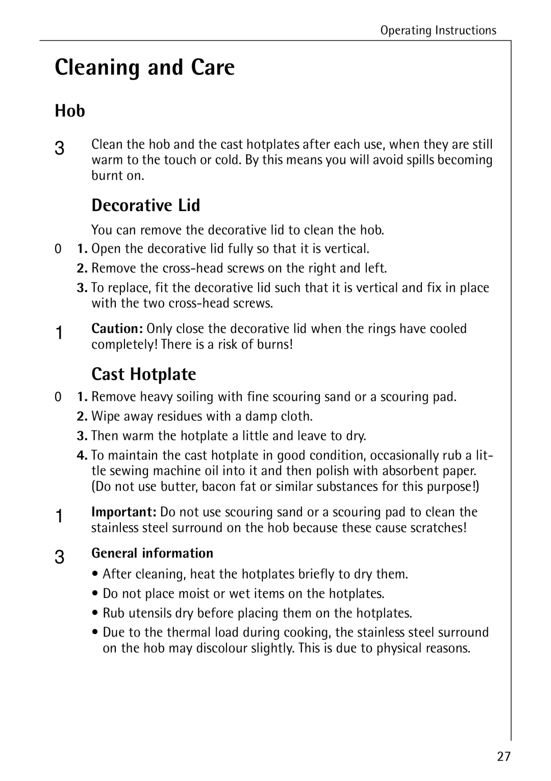 AEG 2003 F operating instructions Cleaning and Care, Hob, Decorative Lid, Cast Hotplate 