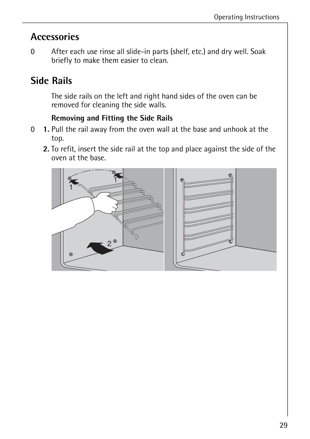 AEG 2003 F operating instructions Accessories, Removing and Fitting the Side Rails 