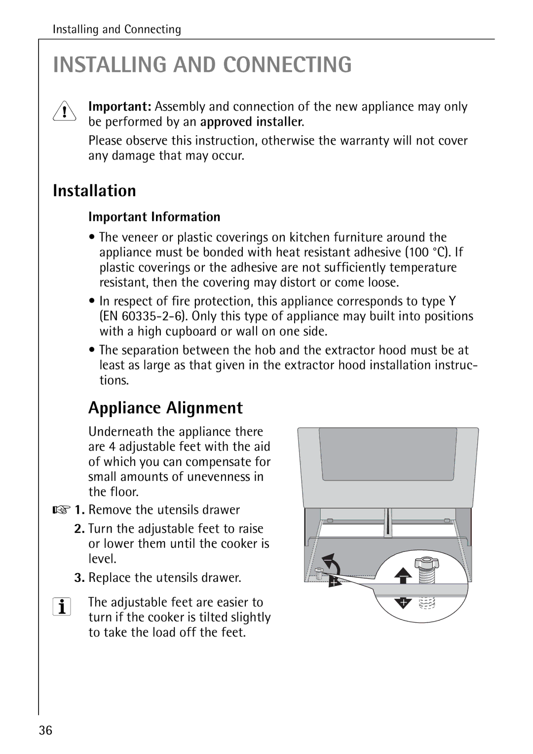 AEG 2003 F operating instructions Installation, Appliance Alignment, Important Information 