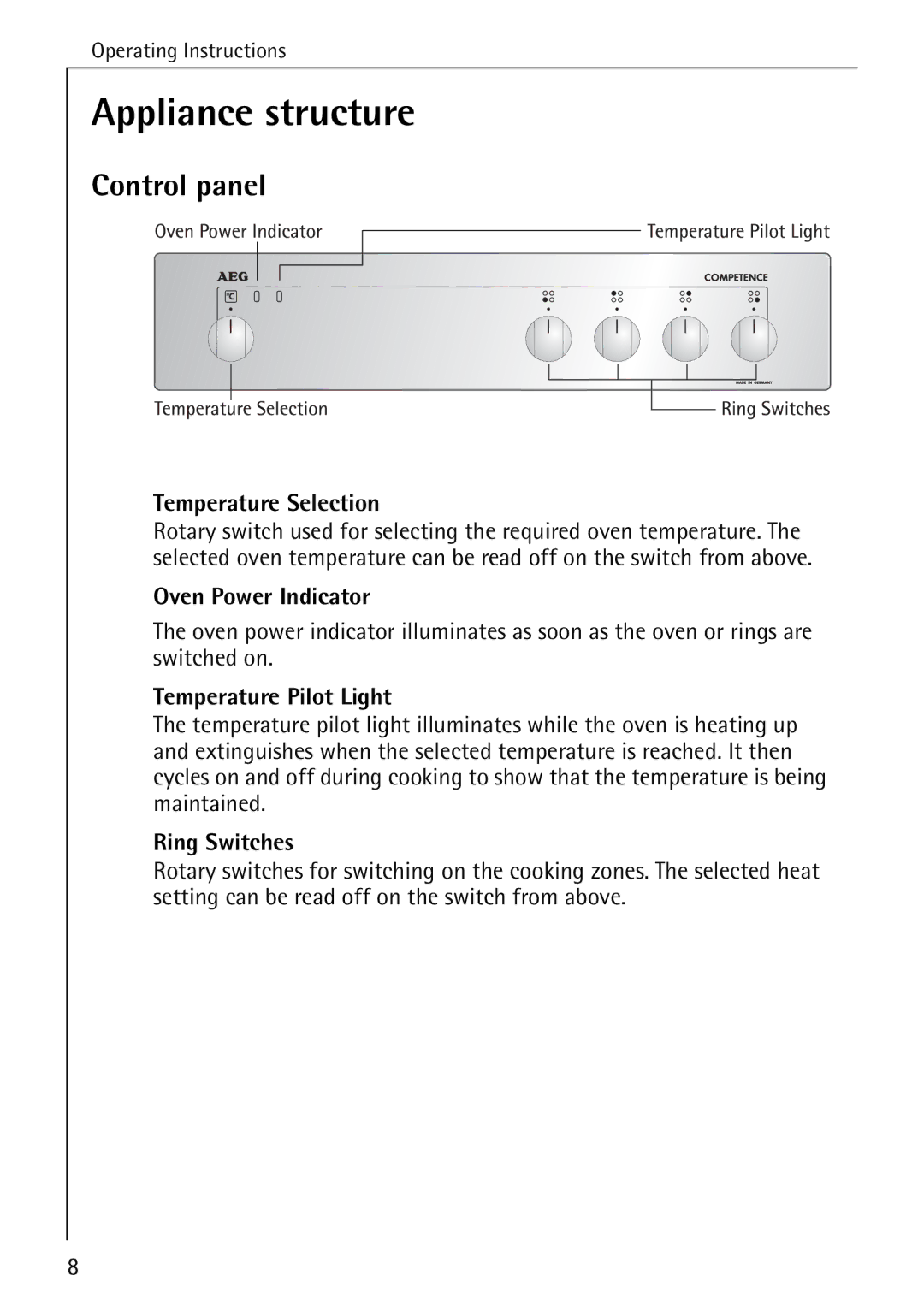 AEG 2003 F operating instructions Appliance structure, Control panel 