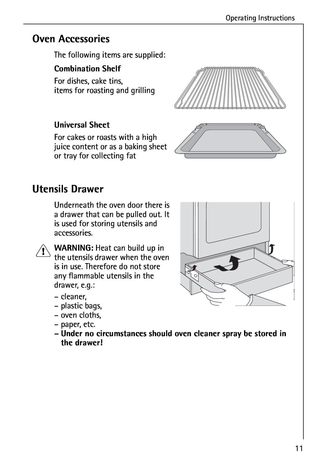 AEG 2003 F operating instructions Oven Accessories, Utensils Drawer, Combination Shelf, Universal Sheet 