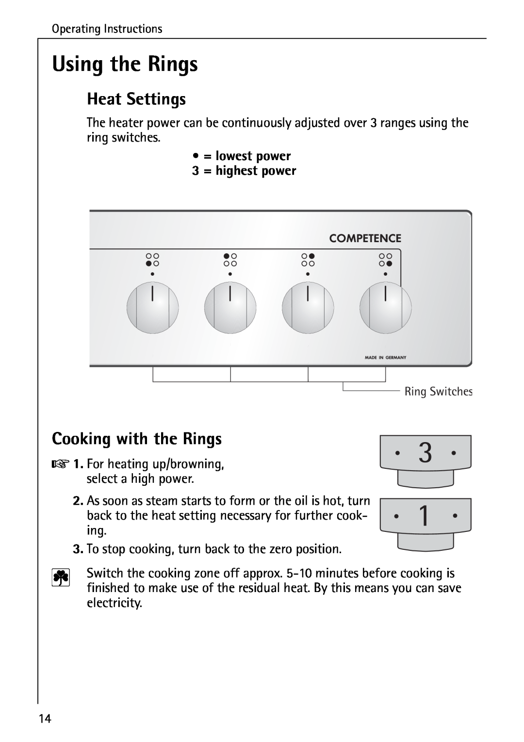 AEG 2003 F operating instructions Using the Rings, Heat Settings, Cooking with the Rings, = lowest power 3 = highest power 