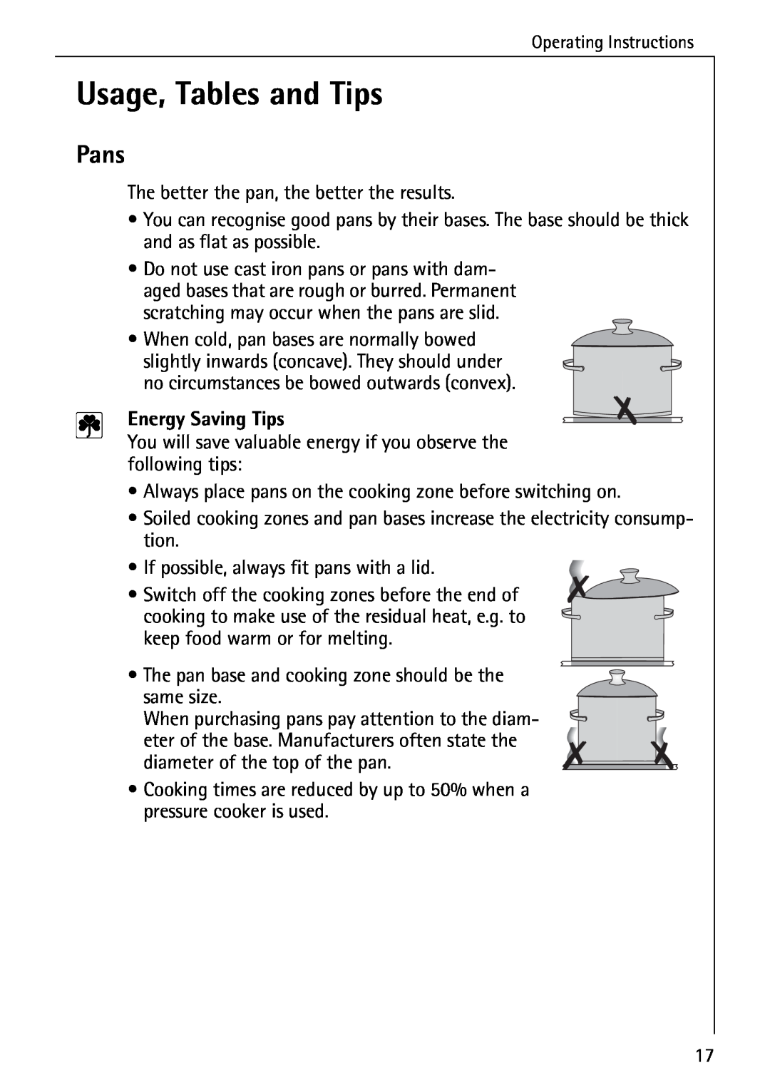 AEG 2003 F operating instructions Usage, Tables and Tips, Pans, Energy Saving Tips 